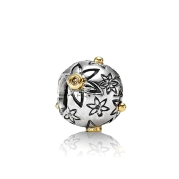 Pandora 14k Gold And Silver Flower Power charm w/ natural DIAMONDS RARE - Picture 1 of 7